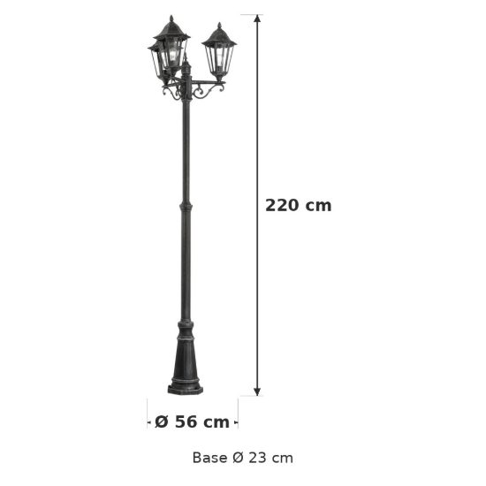 Eglo navedo lampione da giardino 3 luci 220cm ip44 classico a lanterna nero e argento patinato