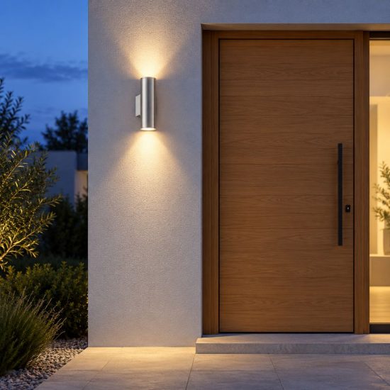 Eglo riga applique da esterno 2 luci gu10 led 5,6w 3000k 6,5cm ip44 moderna cilindrica acciaio inox