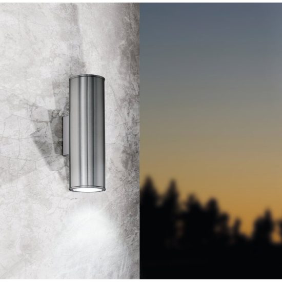 Eglo riga applique da esterno 2 luci gu10 led 5,6w 3000k 6,5cm ip44 moderna cilindrica acciaio inox