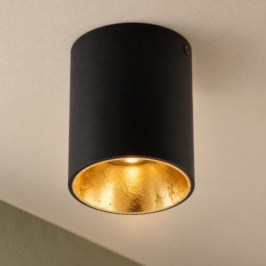 Eglo polasso faretto da soffitto led 3,3w 3000k 10cm moderno cilindrico nero e oro