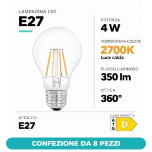 Eglo lampadina led e27 4w 2700k a goccia trasparente a filamento equivalente 32w confezione da 8 pezzi