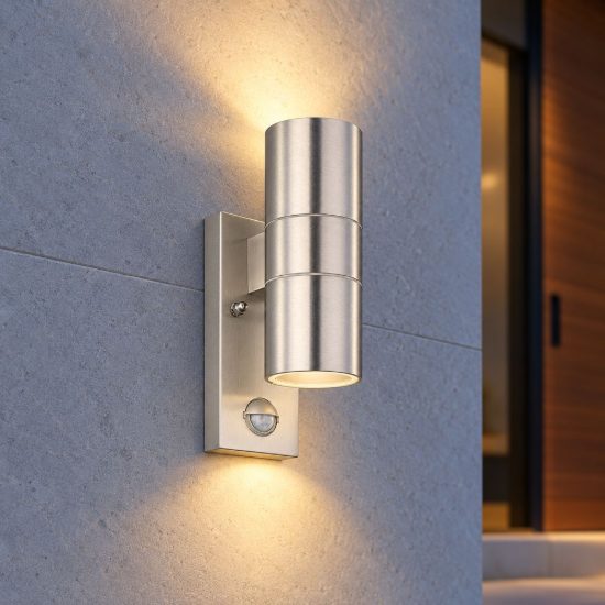 Eglo riga 5 lampada da parete per esterno led 5,6w 3000k ip44 7cm con sensore di movimento cilindro acciaio inox