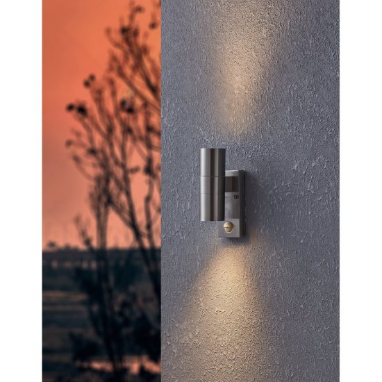 Eglo riga 5 lampada da parete per esterno led 5,6w 3000k ip44 7cm con sensore di movimento cilindro acciaio inox