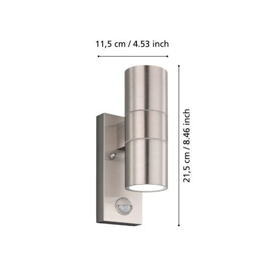 Eglo riga 5 lampada da parete per esterno led 5,6w 3000k ip44 7cm con sensore di movimento cilindro acciaio inox