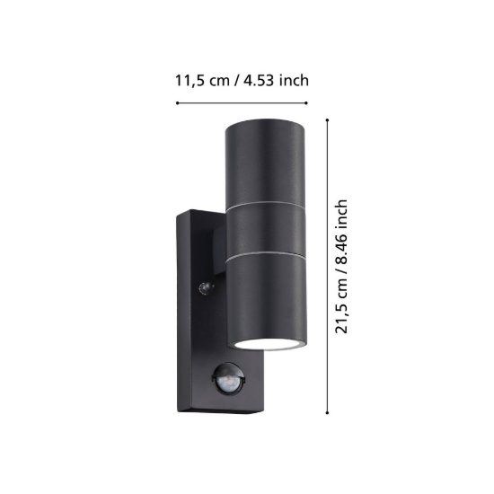 Eglo riga 5 lampada da parete per esterno cilindro antracite led 5,6w 3000k ip44 7cm con sensore di movimento