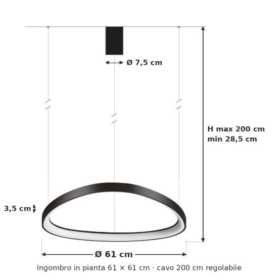 Ideal lux gemini lampadario a sospensione led 47w 2700k 61cm per sala da pranzo moderno nero
