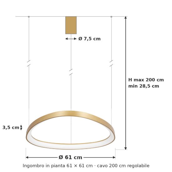Ideal lux gemini lampadario a sospensione led 47w 2700k 61cm per sala da pranzo moderno ottone