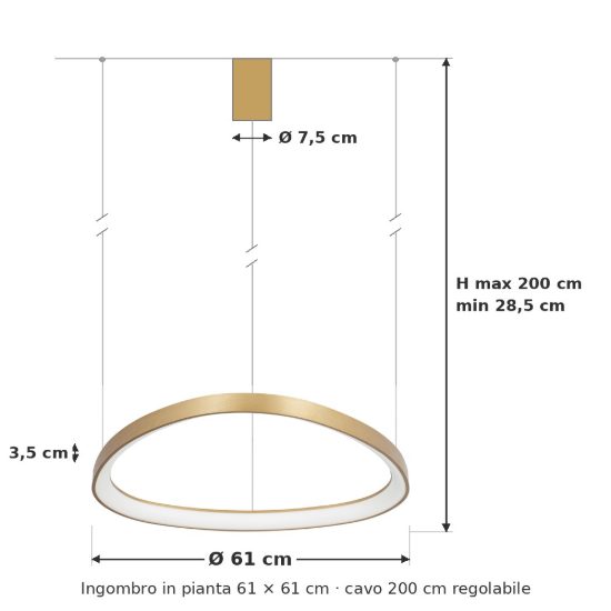 Ideal lux gemini lampadario a sospensione led 47w 4000k 61cm per sala da pranzo moderno ottone