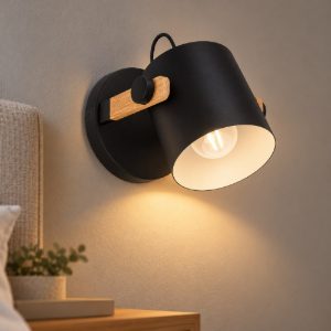 Applique legno e metallo nero a spot orientabile per comodino camera da letto eglo hornwood