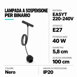Eglo easyt e27 adapter lampada a sospensione per binario senza paralume 5,8cm moderna nera