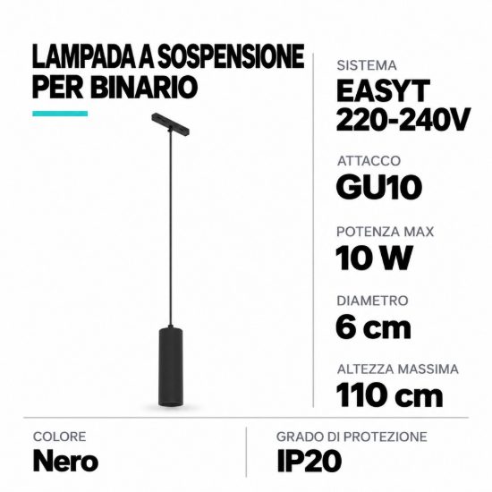 Eglo easyt pendant lampada a sospensione per binario gu10 6cm moderna cilindrica nera