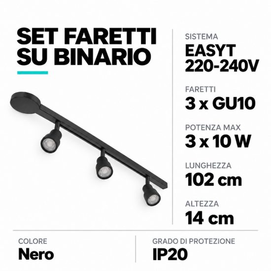 Eglo easyt set 3 spots sistema a binario con 3 faretti gu10 102cm moderno lineare nero