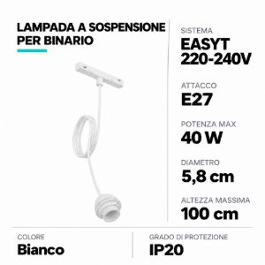 Eglo easyt e27 adapter lampada a sospensione per binario senza paralume 5,8cm moderna bianca