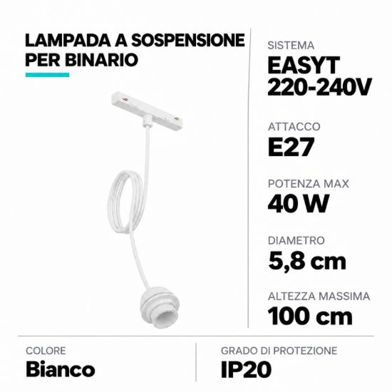 Eglo easyt e27 adapter lampada a sospensione per binario senza paralume 5,8cm moderna bianca