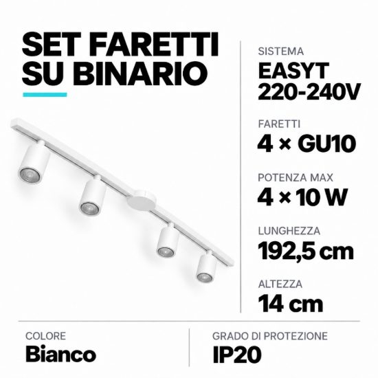 Eglo easyt set 4 spots sistema a binario con 4 faretti gu10 192,5cm moderno lineare bianco