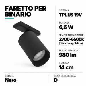 Eglo tplus slim spot faretto per binario led 6,6w cct 2700k 6500k 5,5cm moderno cilindrico nero