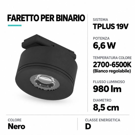 Eglo tplus wide spot faretto per binario led 6,6w cct 2700k 6500k 8,5cm moderno rotondo nero