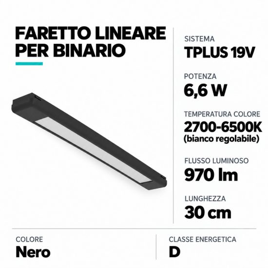 Eglo tplus flat light faretto lineare per binario led 6,6w cct 2700k 6500k 30cm moderno nero