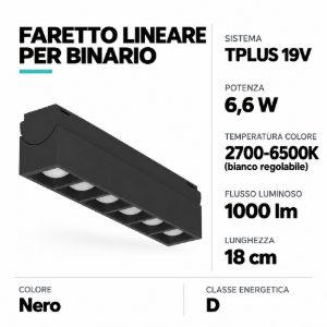 Eglo tplus 6 lens spot faretto per binario led 6,6w cct 2700k 6500k 18cm moderno lineare nero