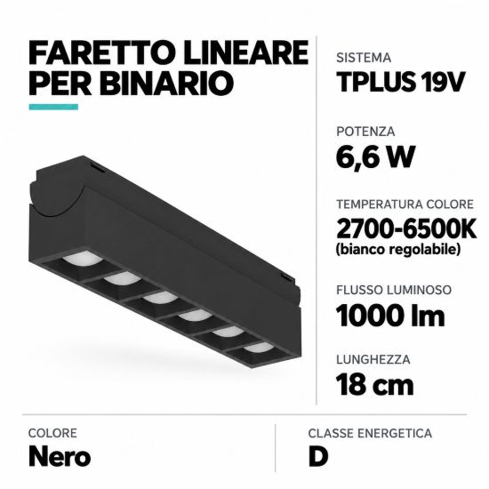 Eglo tplus 6 lens spot faretto per binario led 6,6w cct 2700k 6500k 18cm moderno lineare nero
