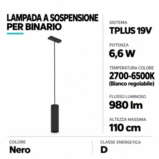 Eglo tplus pendant lampada a sospensione per binario led 6,6w cct 2700k 6500k 5,5cm moderna nera