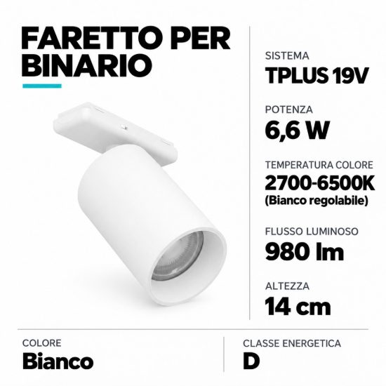 Eglo tplus slim spot faretto per binario led 6,6w cct 2700k 6500k 5,5cm moderno cilindrico bianco