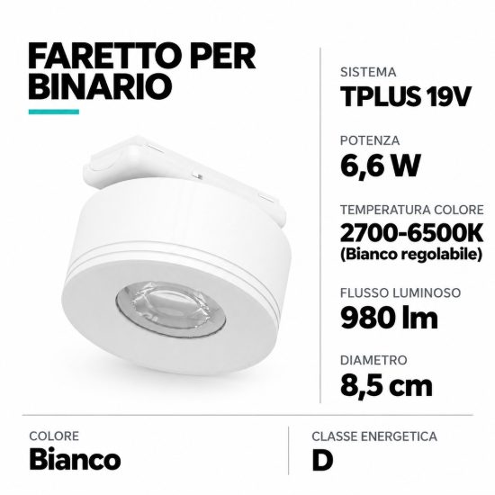Eglo tplus wide spot faretto per binario led 6,6w cct 2700k 6500k 8,5cm moderno rotondo bianco