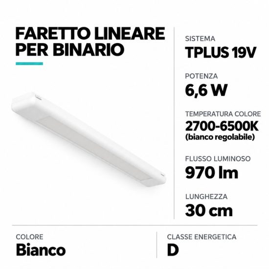 Eglo tplus flat light faretto lineare per binario led 6,6w cct 2700k 6500k 30cm moderno bianco