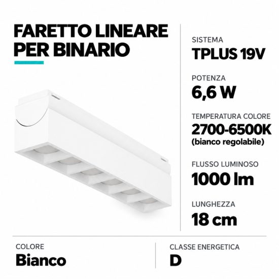Eglo tplus 6 lens spot faretto per binario led 6,6w cct 2700k 6500k 18cm moderno lineare bianco
