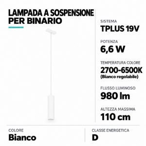 Eglo tplus pendant lampada a sospensione per binario led 6,6w cct 2700k 6500k 5,5cm moderna bianca