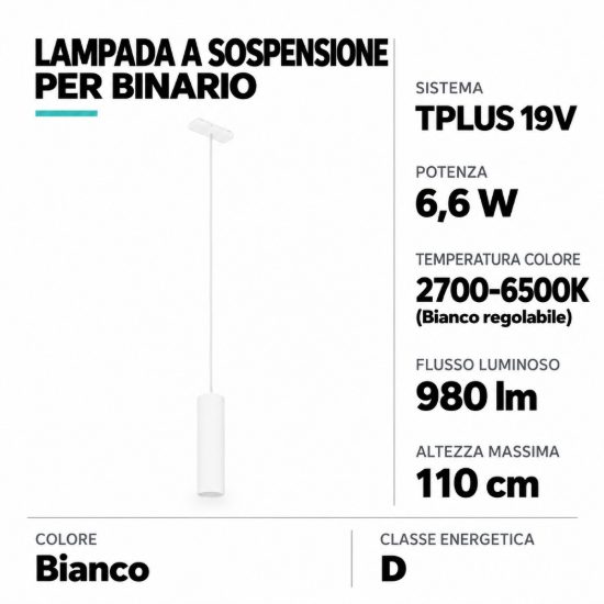Eglo tplus pendant lampada a sospensione per binario led 6,6w cct 2700k 6500k 5,5cm moderna bianca