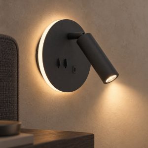Eglo fanzarotta 1 applique per comodino camera da letto led 3w 3000k 14,5cm con usb rotonda nera