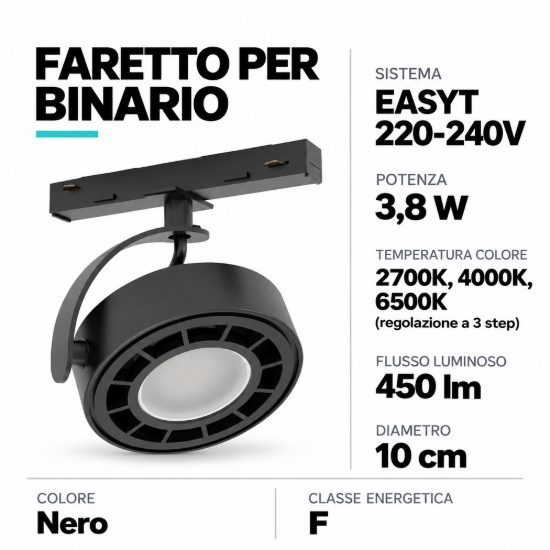 Eglo easyt flat spot faretto per binario led 3,8w cct 2700k 6500k 10cm moderno rotondo nero