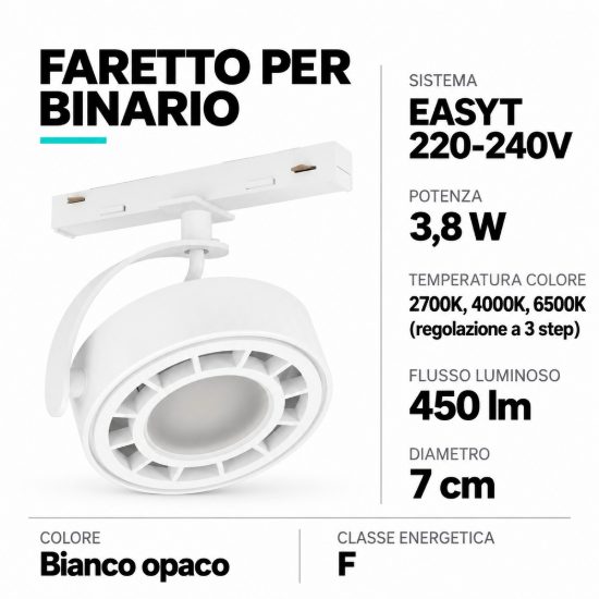 Eglo easyt flat spot faretto per binario led 3,8w cct 2700k 6500k 7cm moderno rotondo bianco