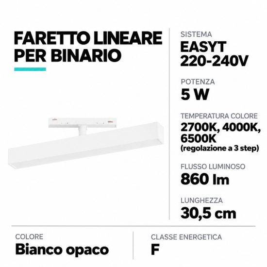 Eglo easyt long diffuso faretto lineare per binario led 5w 2700k 6500k 30,5cm moderno bianco