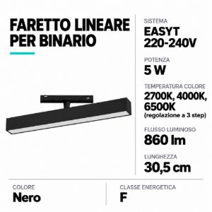 Eglo easyt long diffuso faretto lineare per binario led 5w 2700k 6500k 30,5cm moderno nero