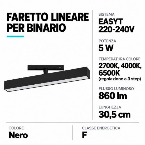 Eglo easyt long diffuso faretto lineare per binario led 5w 2700k 6500k 30,5cm moderno nero