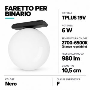 Eglo tplus sphere spot faretto per binario led 6w cct 2700k 6500k 10,5cm moderno nero