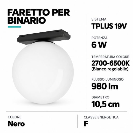 Eglo tplus sphere spot faretto per binario led 6w cct 2700k 6500k 10,5cm moderno nero