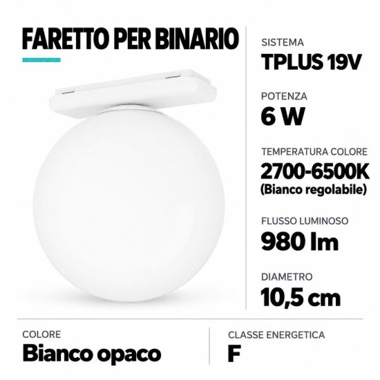 Eglo tplus sphere spot faretto per binario led 6w cct 2700k 6500k 10,5cm moderno bianco