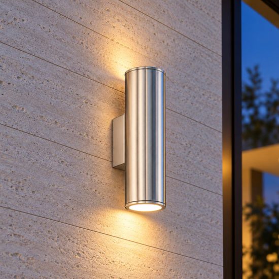 Eglo riga applique da esterno 2 luci gu10 led 5,6w 3000k 6,5cm ip44 moderna cilindrica acciaio inox