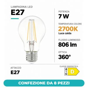Eglo lampadina led e27 7w 2700k a goccia trasparente a filamento confezione da 8 pezzi