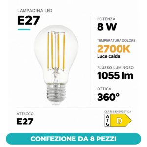 Eglo lampadina led e27 8w 2700k a goccia trasparente a filamento confezione da 8 pezzi