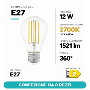 Eglo lampadina led e27 12w 2700k a goccia trasparente a filamento confezione da 8 pezzi