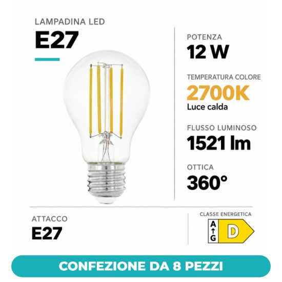 Eglo lampadina led e27 12w 2700k a goccia trasparente a filamento confezione da 8 pezzi