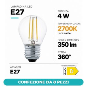 Eglo lampadina led e27 4w 2700k a globo trasparente 4,5cm a filamento equivalente 32w confezione da 8 pezzi