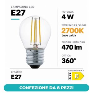 Eglo lampadina led e27 4w 2700k a globo trasparente 4,5cm a filamento equivalente 40w confezione da 8 pezzi