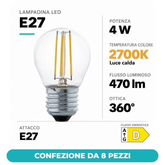 Eglo lampadina led e27 4w 2700k a globo trasparente 4,5cm a filamento equivalente 40w confezione da 8 pezzi
