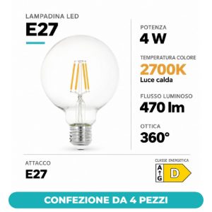 Eglo lampadina led e27 4w 2700k a globo trasparente 9,5cm a filamento confezione da 4 pezzi