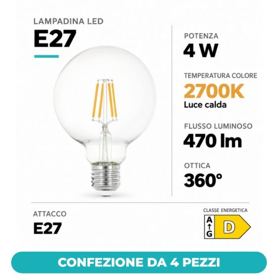 Eglo lampadina led e27 4w 2700k a globo trasparente 9,5cm a filamento confezione da 4 pezzi